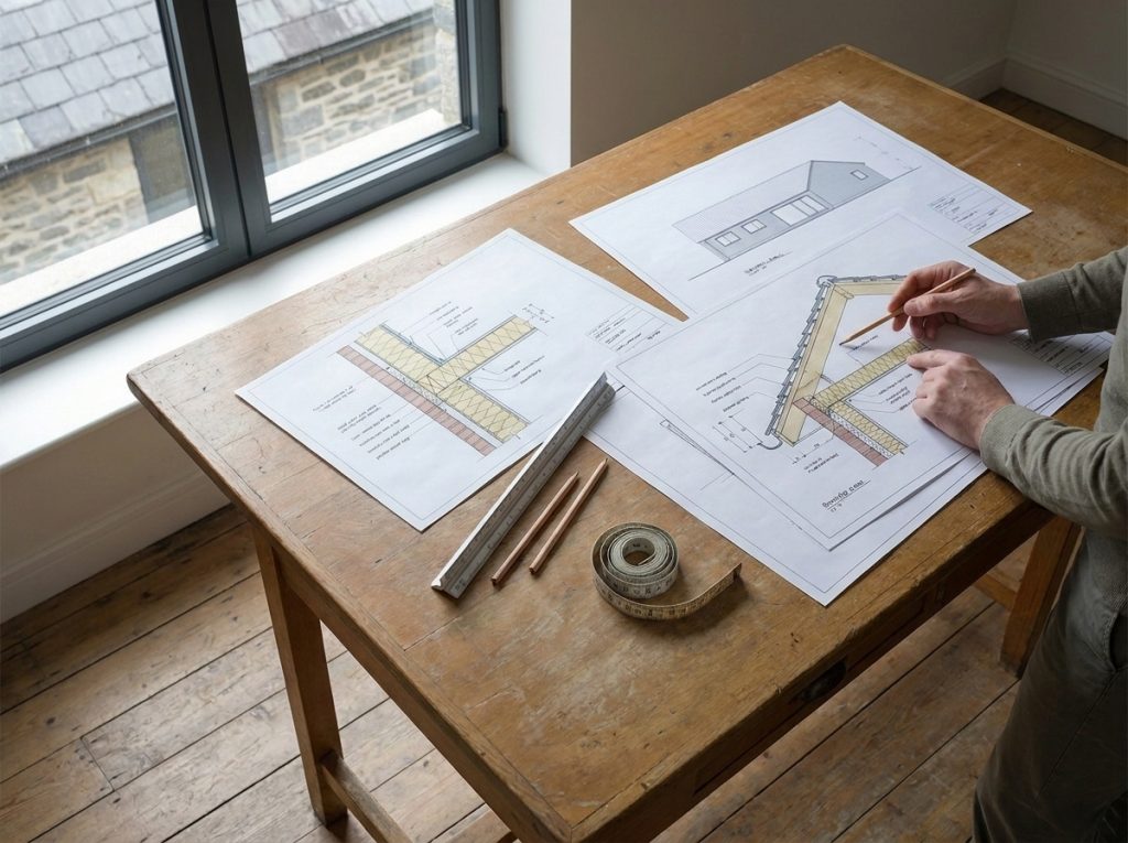Detailed UK building regulations wall section and roof construction drawings with scale ruler and tape measure