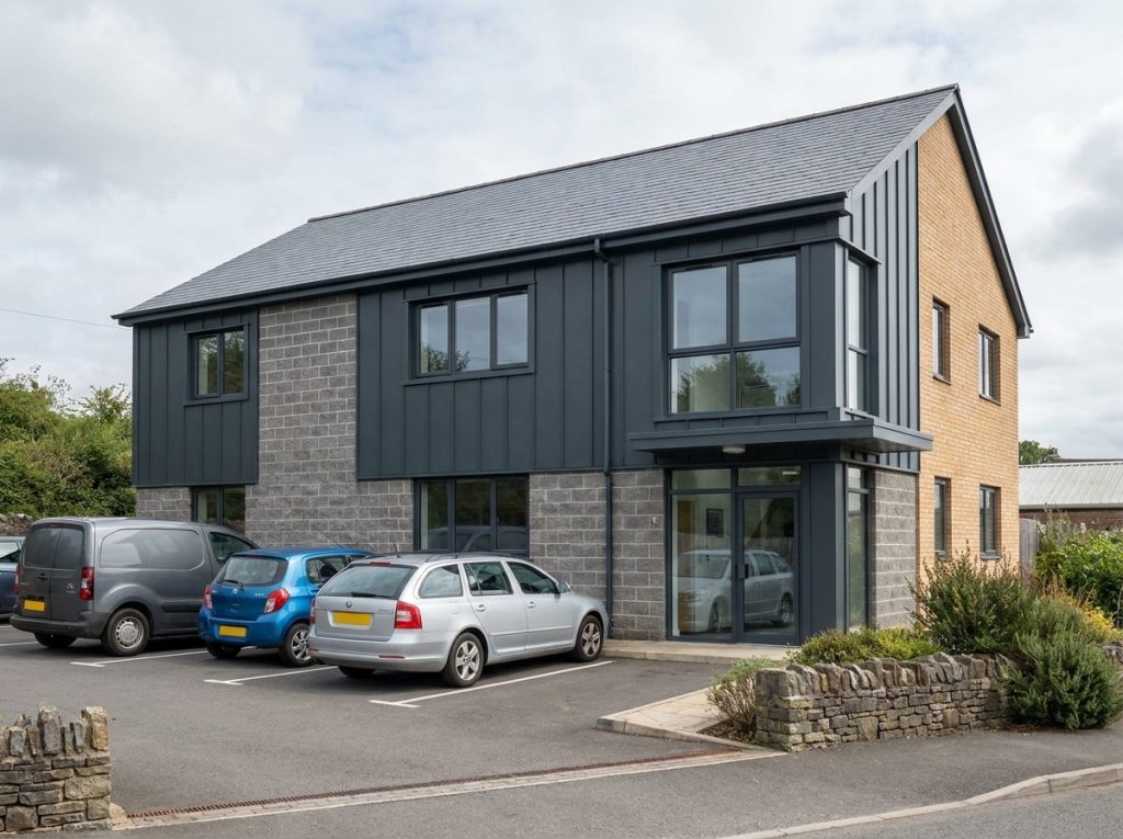 Small modern commercial building in South Wales with dark cladding, masonry and glazed entrance