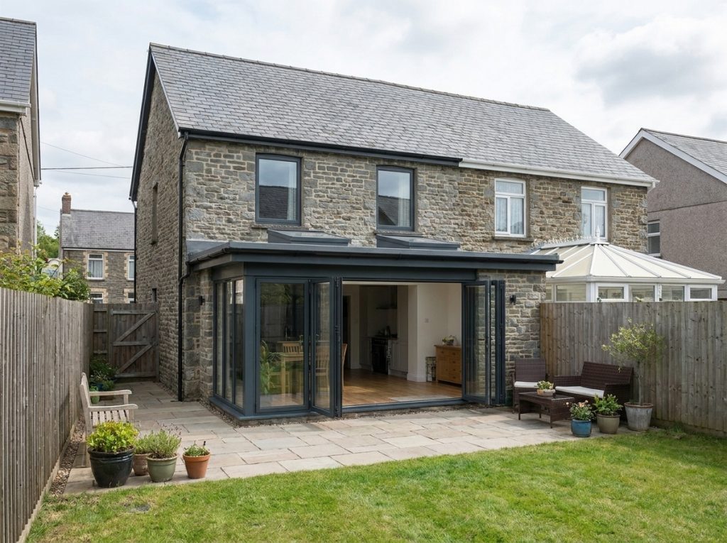Contemporary stone-built rear house extension with dark aluminium glazed doors opening onto a South Wales garden