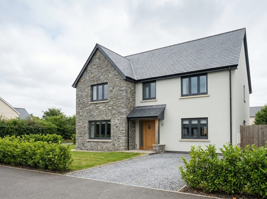 Detached new-build family home in South Wales with slate roof, stone and render finish