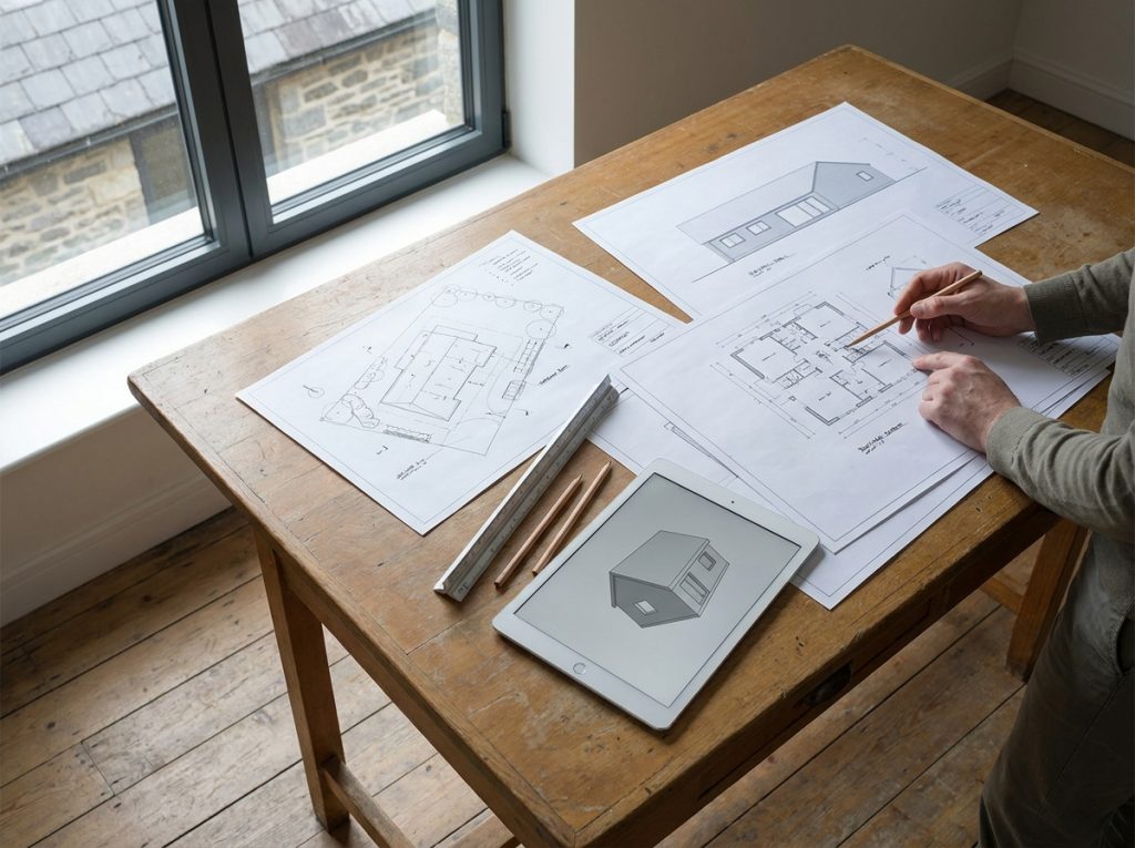 Architect reviewing UK residential planning application drawings and site plans on a desk