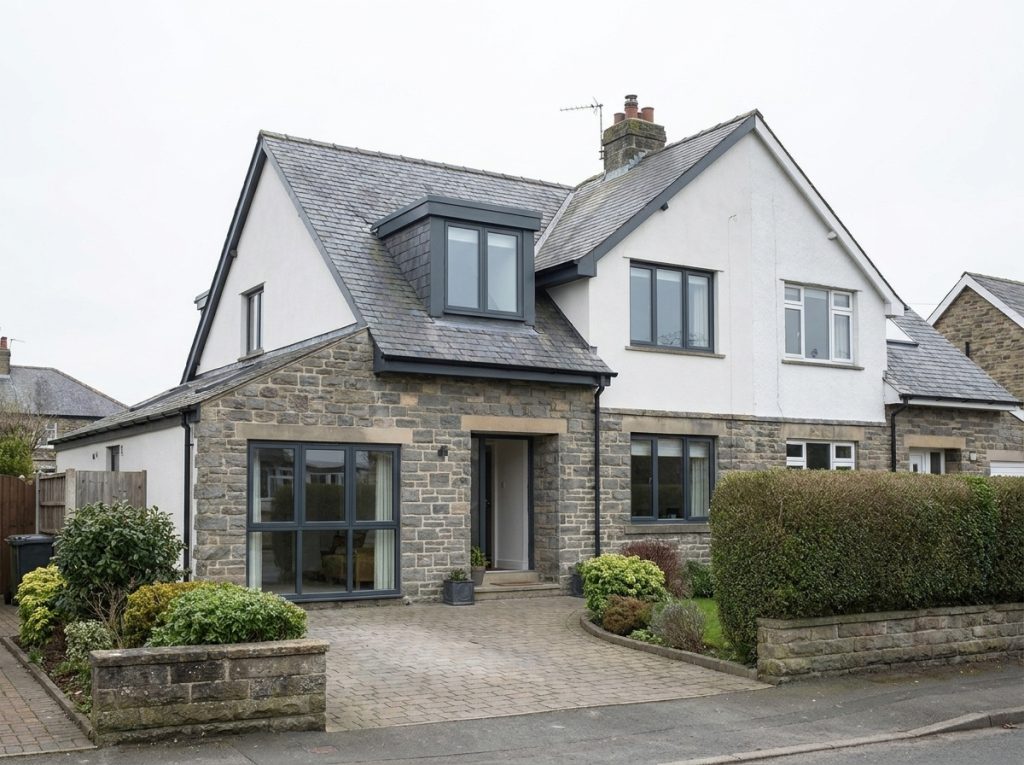 UK semi-detached house with a loft dormer conversion and converted garage space